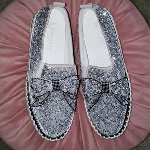Silver glitter bow loafers